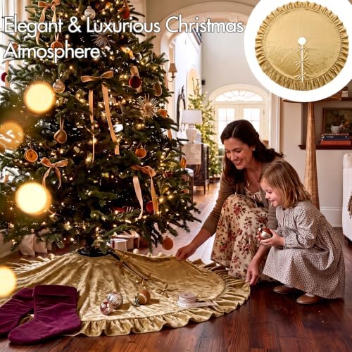 Velvet Christmas Tree Skirt, 60 Inches, Bow Style, Gold
