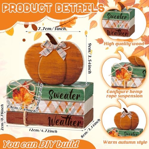 FairySandy 4 Pcs Fall Decor Thanksgiving Wooden Pumpkin Book Table Decor