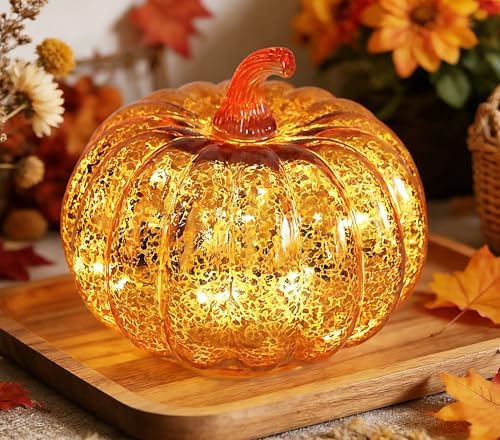 Fall Decorations for Home,Mercury Glass Pumpkin Lights with Timer(Gold)