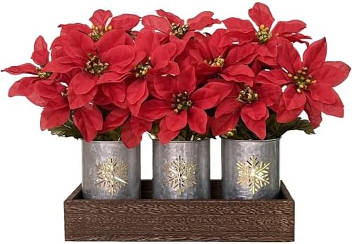 Poinsettias Artificial Christmas Flowers with LED Lights, Red Xmas Table Centerpiece in Pots and Wood Box for Decoration