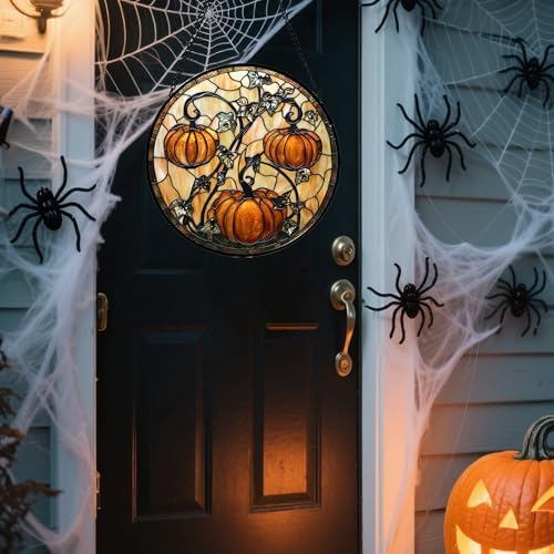 Halloween Orange Pumpkin Vine Leaves Stained Glass Window Hanging Gift 7.8"