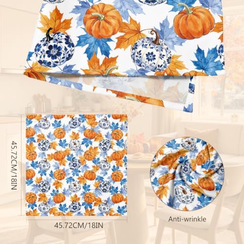Fall Pumpkin Cloth Napkins Set of 4, Blue White Chinoiserie Dinner Napkins 18x18 Inch, Reusable Fabric Napkins with Maple Leaves for Thanksgiving Table Decor, Autumn Farmhouse Table Setting