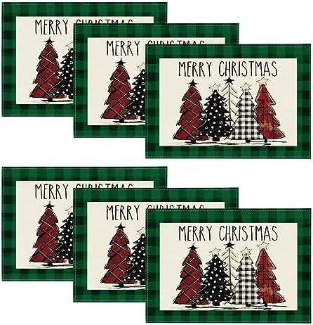 Artoid Mode Waterclor Green Buffalo Plaid Christmas Trees Placemats Set of 6, 12x18 Inch Winter Table Mats for Outdoor Home Party Kitchen Dining Decor