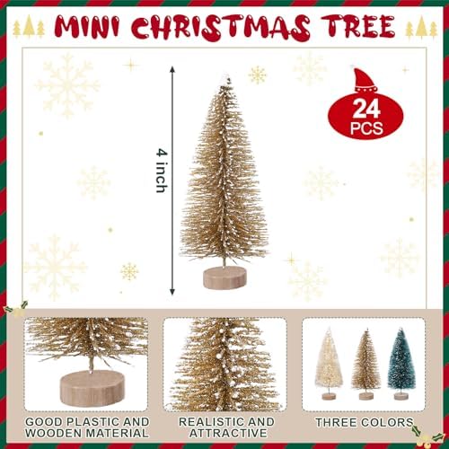 24 Pcs 4 Inch Mini Christmas Tree Bottle Brush Trees Artificial Frosted Sisal Christmas Tree with Wood Base for Christmas Decoration and Display Home Tabletop (Gold, Cyan, Beige)