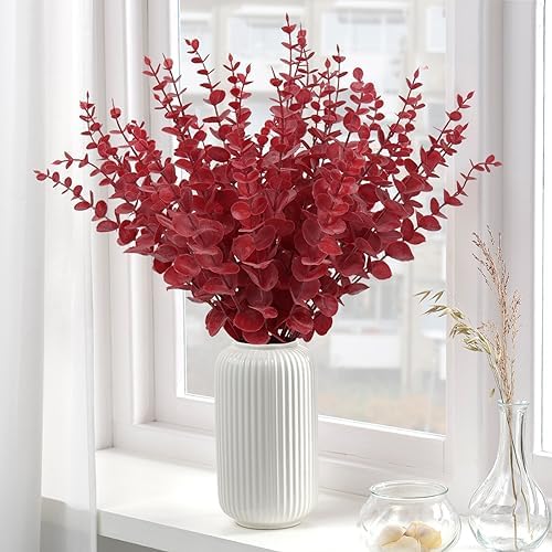RECUTMS 36Pcs Artificial Red Eucalyptus Leaves Stems 14.6in Christmas Pick