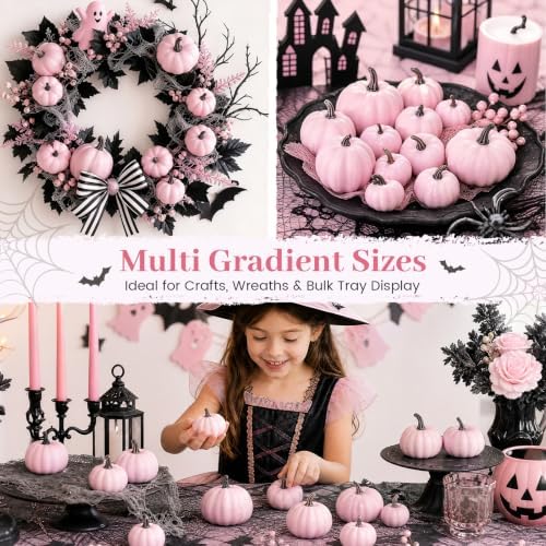 DomeStar 18 PCS Assorted Pink Foam Pumpkins for Decoration, Pink Pumpkins