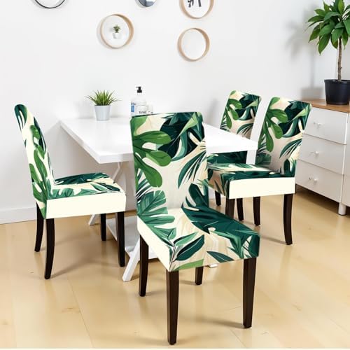 Tropical Leaf Chair Covers for Dining Room – Stretch Removable Washable Seat Slipcovers for Kitchen, Banquet, Wedding, Party – Modern Botanical Green Plant Print Decor,Set of 4
