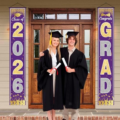 OHOME Graduation Decorations 2026 2027 - Purple Gold Congrats Grad Porch Banner for Graduation Party Decorations - Class of 2026 - Party Favors Supplies Backdrop Yard Signs Decor (Purple)