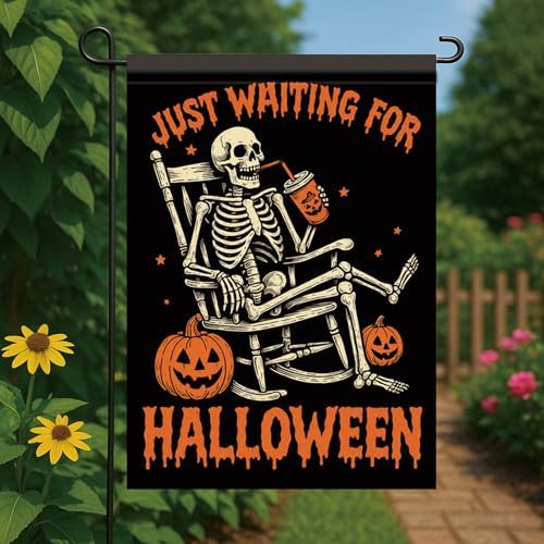 Halloween Garden Flag Skeleton Pumpkin Flag Just Waiting for Halloween 12x18 Inch Double Sided Outdoor Yard Banner for Trick or Treat Haunted House Spooky Decoration Decor