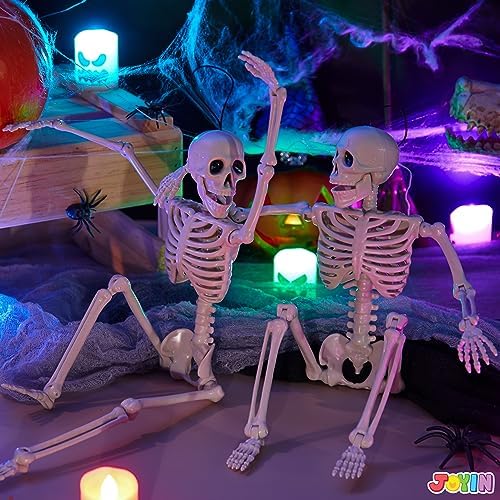 JOYIN 2PCS 16" Halloween Skeleton Decor, Full Body Stayable Movable Joints, Posable Hanging Skeletons for Halloween Decoration, Yard, Graveyard, Haunted House Props, Spooky Scene Party Favor