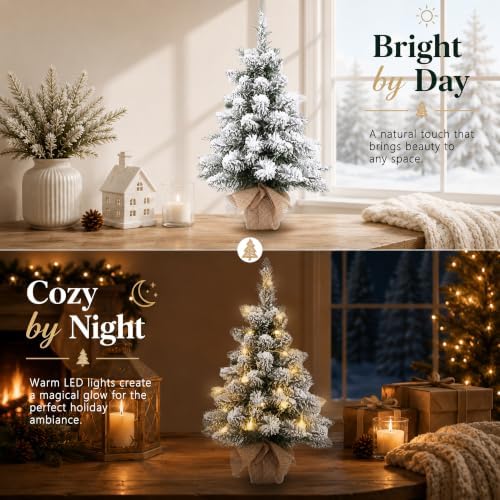 Pre-Lit Artificial Mini Christmas Tree,20 Inch Snow Flocked Small Pine Xmas Tree with 40 LED Lights,70 Branch Tips,Battery Operated Tabletop Christmas Tree Burlap Base-(50cm)