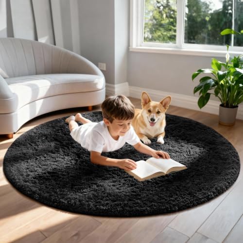 Ophanie Round Rug 5Ft Black Circle Area Rug, Room Decor for Men, Fluffy Fuzzy Bedroom Carpet, Plush Soft Shaggy Living