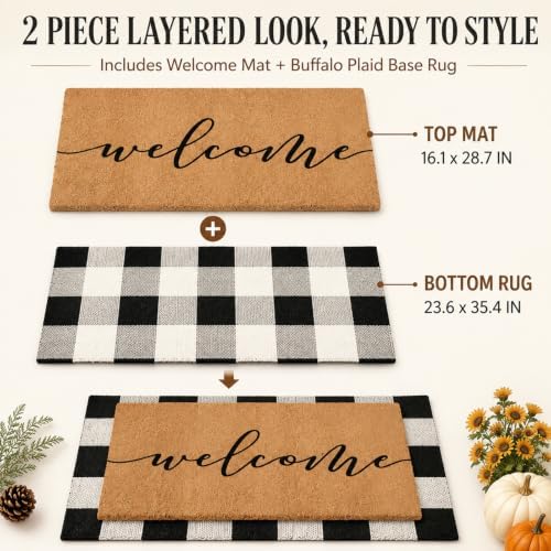 Tinideya 2 Pcs Fall Welcome Layered Doormat Set for Front Porch