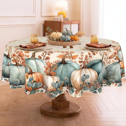 Fall Round Tablecloth 90 Inch, Stain Resistant Washable Fabric Autumn Pumpkin Table Cloth Round Fall Tablecloth Table Cover for Kitchen Dining Party