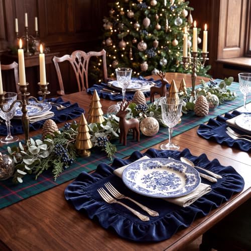 FoldTier 6 Pcs Christmas Navy Blue Velvet Rectangle Placemat with Ruffles