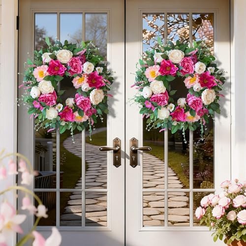 24 Inch Spring Summer Wreaths for Front Door Outside with Peony & Rose