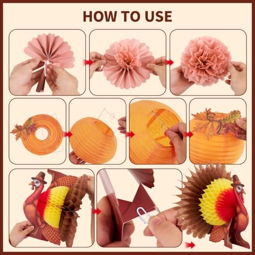 Paper Jazz Thanksgiving Hanging Decorations with Paper Turkey Friendsgiving Party Decoration with Fall Pompom Pumpkin Honeycomb Decor for Harvest Fall Decorations for Home Autumn Backdrop
