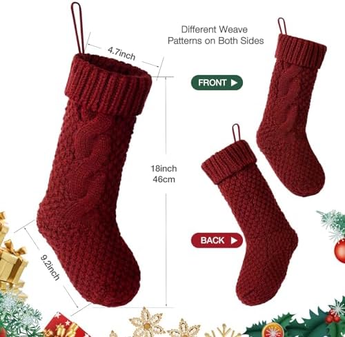Hommtina Christmas Stockings, Personalized Christmas Stockings 18 Inches Large Size Cable Knitted Stocking Gifts (Style 3 6pcs White&red&Green)