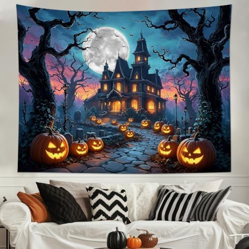 LB Spooky Halloween Tapestry for Bedroom, Horror Pumpkin Ghost Castle Wall Tapestry, Black Dead Tree Bat Moon Night Extra Large Tapestries Wall Hanging for Living Room Dorm Decor, 92Wx70.5H inches