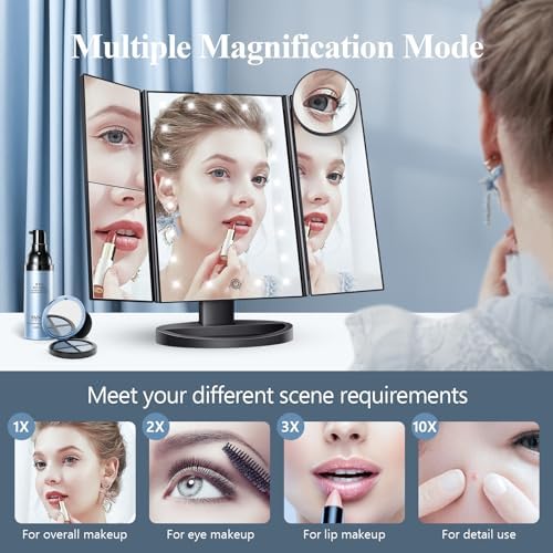 HUONUL 2X/3X/10X Magnifying Vanity Mirror with Light, Trifold Makeup Mirror