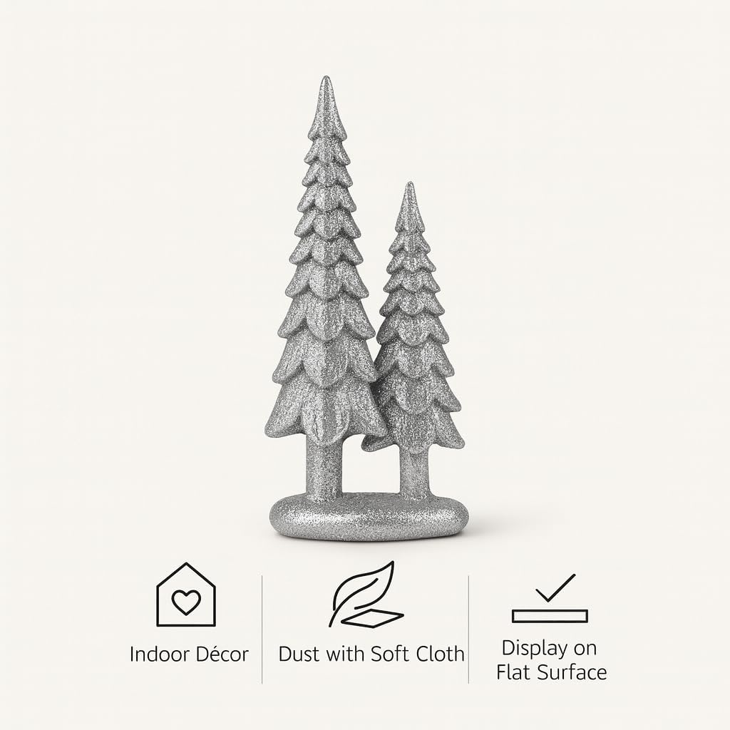 7" Resin Tabletop Figurine Double Glitter Trees on One Base Indoor Christmas Decoration / Silver