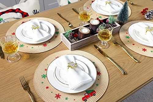 Feuille Round Christmas Placemats Set of 4 13.5 Inch Beige Snowflake Placemats for Round Tables Truck Winter Placemats Perfect for Indoor Christmas Decorations