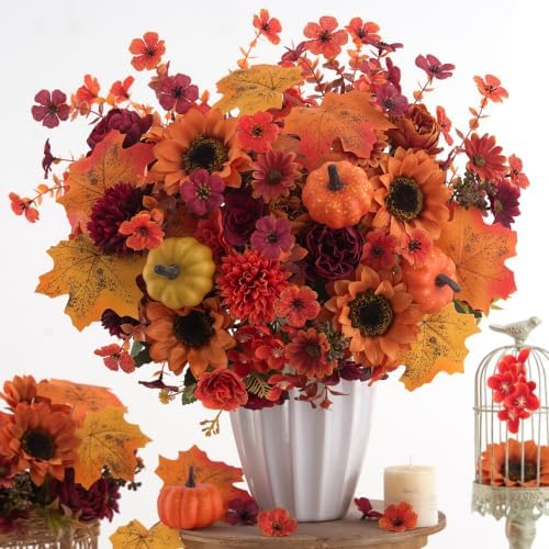 Mixed 12 Pcs Fall Artificial Flowers, Sunflower Peony Bouquet with Maple Leaves Pumpkins, Autumn Faux Floral Arrangements for Table,Thanksgiving, Halloween, Porch Planters, Garden Patio Outdoors Decor