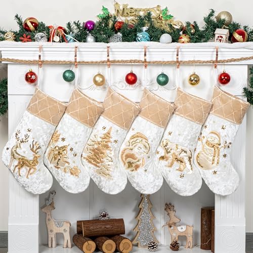 LUBOT New Christmas Stockings Set of 6 Embroidered 20" Xmas Family Traditional Fireplace Hanging Gold Sequin Decor Velvet Satin Fabric Gifts for Christmas Holiday