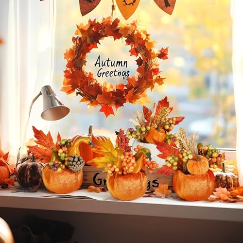 Artmag Set of 6 Artificial Pumpkins Decorations, Decorative Fabric Orange Pumpkin with Maple Berry Acorn Pine Cone Vegetables for Fall Thanksgiving Harvest Party Home Tabletop