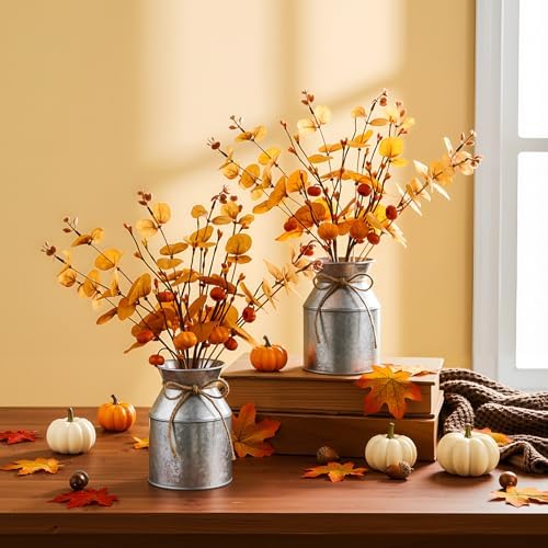 Thiccywoov 2 Set Thanksgiving Fall Table Centerpiece Decorations Artificial Orange Pumpkins Eucalyptus with Metal Vase Faux Pumpkins Plants in Pots for Autumn Harvest Party Home Dining Table Decor