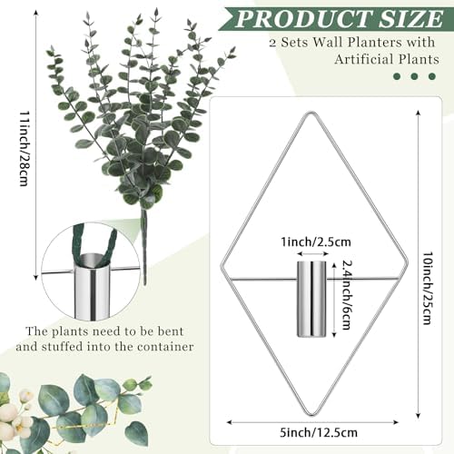 Jexine 2 Pcs Hanging Artificial Planters Wall Decor, Chrome, Eucalyptus
