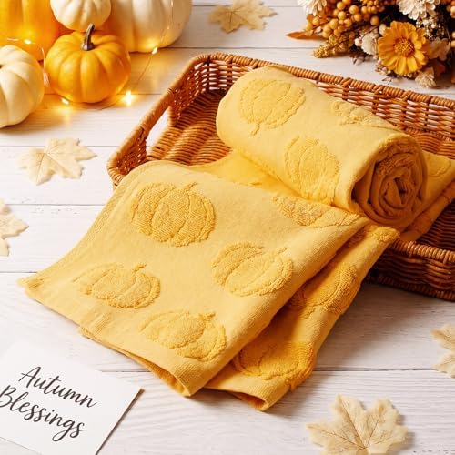 Mindsoft 2 Pcs Fall Hand Towels 3D Pumpkin Jacquard,Yellow