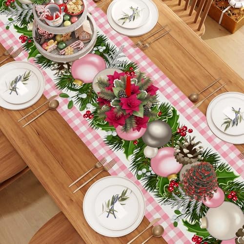 Jiudungs Pink Christmas Table Runner, Xmas Holiday Decorations for Home