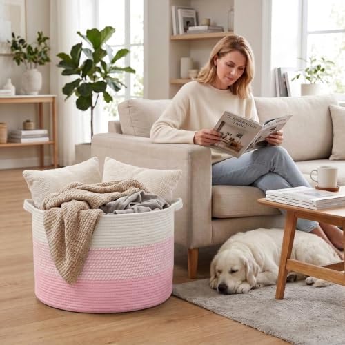 65L Large Blanket Basket,Woven Rope Laundry Basket-Mixed Pink