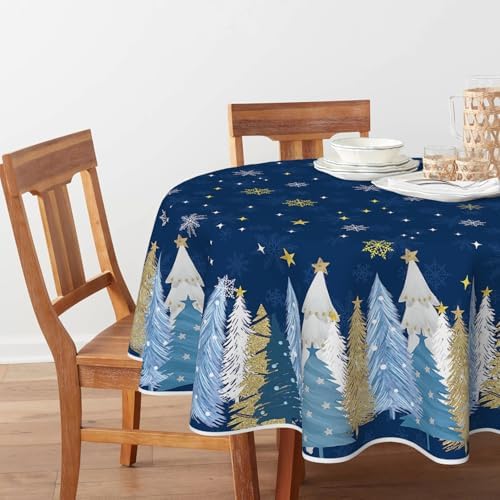 Horaldaily Christmas Tablecloth 70 x 70 Inch Round Christmas Trees Blue