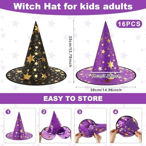 Newcotte 16 Pieces Witch Hats Halloween Costumes for Women Men Modern Witch Hats Fancy Dress Party Decorations