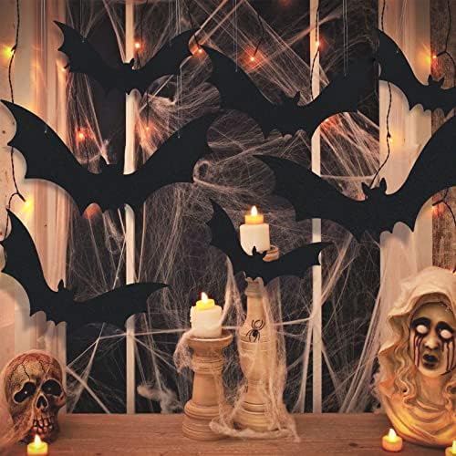 Plastic Bats Halloween Decorations, 12 PCS Large Black Hanging Bats