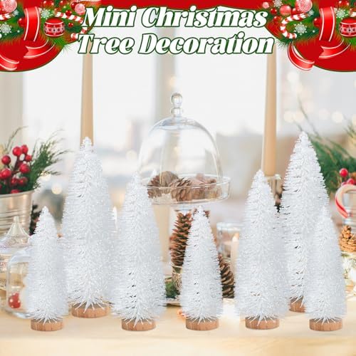 9 Pcs Mini Christmas Tree, Tabletop Christmas Tree with Wooden Bases Artificial Mini Tree with 3 Sizes Christmas Table Decor Bottle Brush Trees for Christmas Decorations (White Glitter)