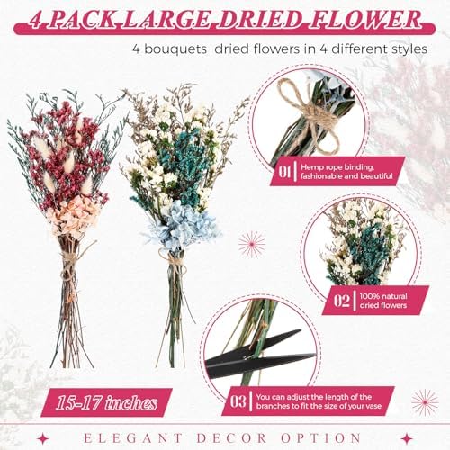 Layhit 4 Pack Large Size Boho Dried Flowers 15-17 Inch, Hydrangea