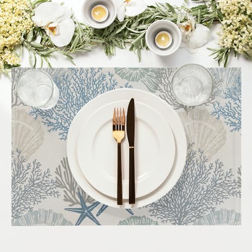 Nautical Coastal Placemats Set of 4 18x12 Inch Summer Beach Themed Linen Place Mats Heat-Resistant Washable Wipeable Seashell Starfish Coral Table Mat for Party Kitchen Dining Room Dinner Table Decor