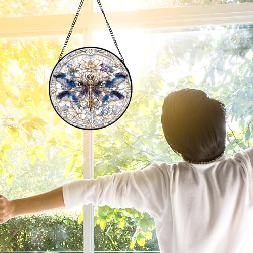 Dragonfly White Florals Stained Glass Window Hanging Suncatcher Gifts 6.3"