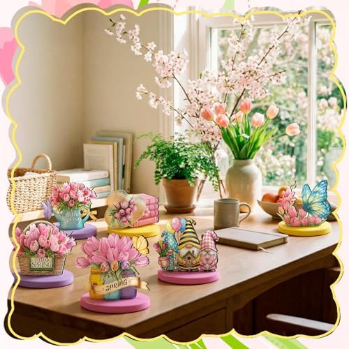 Amyhill 12 Pcs Spring Table Decorations Wooden Tabletop Centerpiece Wooden Table Sign for Tiered Tray Fiesta Carnival Party