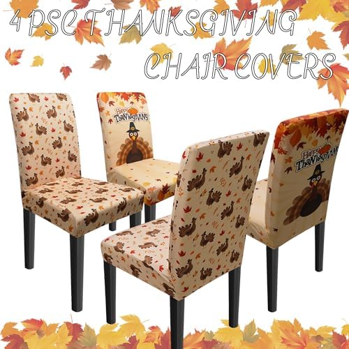 Thanksgiving Chair Covers Set of 4 Fall Turkey Dining Chair Covers for Party Kitchen Removable Fall Seat Covers for Chairs Thanksgiving Decorations