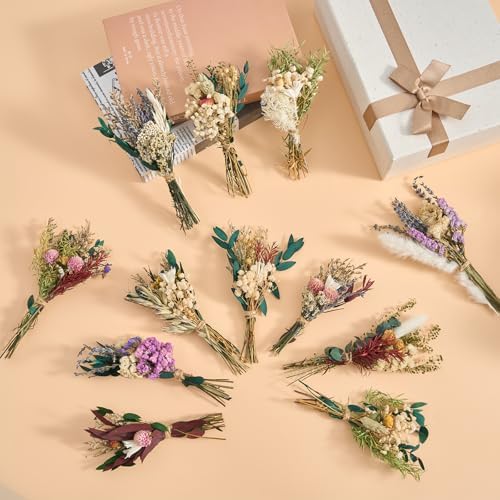 12/24PCS Handmade Dried Flower Bouquet with Stems Natural Dried Wildflowers 7.5 Inch Mini Dry Flowers for Vase Farmhouse Decor, Wedding Styling, Photography Props, Gift DIY(12pcs, Bright)