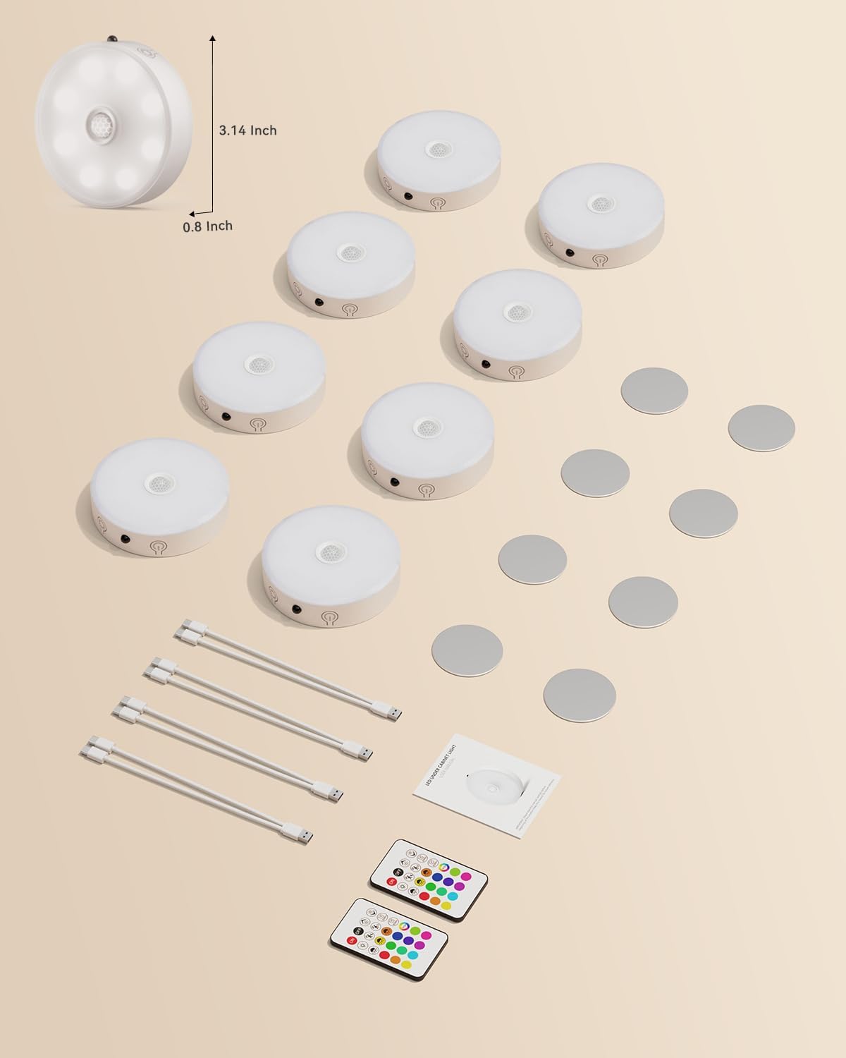 Rechargeable Puck Lights with Remote 8 Pack Under Cabinet Lighting Wireless | Motion Sensor Lights Indoor, 3 Color