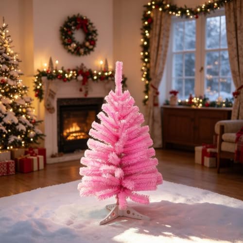 3FT Small Christmas Tree – Premium Pink Mini Xmas Artificial Trees for Home, Tabletop, Office, Apartment, Indoor Holiday Decorations, Easy-Assembly Metal Hinges & Foldable Base