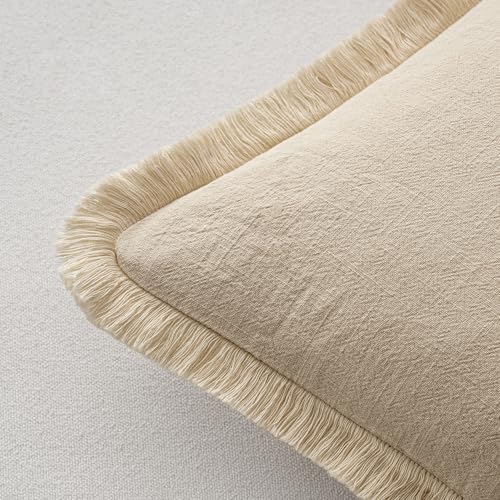MIULEE Boho Linen Fringe Decorative Euro Throw Pillow Covers Beige 22x22