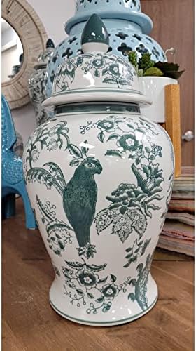 Galt International Veridian Parrot Floral Chinoiserie Ceramic Temple Jar 18" w/Lid - Ginger Jar Home & Kitchen Decor