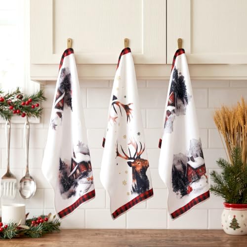 Bencailor 6 Pcs Christmas Kitchen Towel, Buffalo Plaid, Forest Cabin