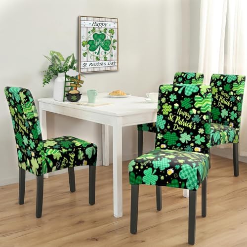 St Patricks Day Chair Covers Set of 4,Lucky Shamrock Chairs Slipcover for Dining Room, Removable Washable Breathable Cover in the Kitchen Restaurant Holiday Decor